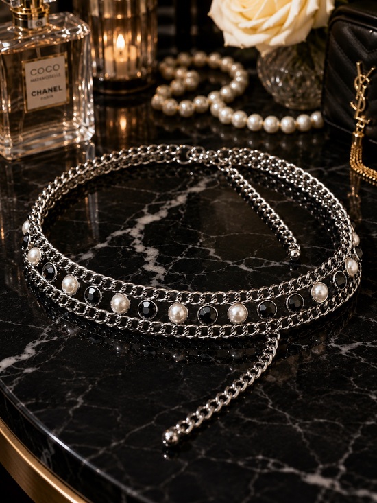 Unknown Accessories - Silver Chain Belt Faux Pearl Black Stone Accent Adjustable Waist Belt